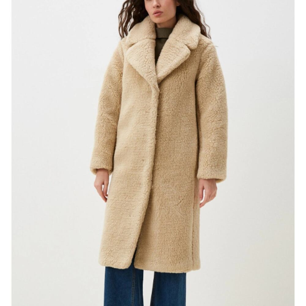 MATU Coat Womens S Beige Wool Faux Fur Teddy Long Sleeve Straight Cut Midi Long